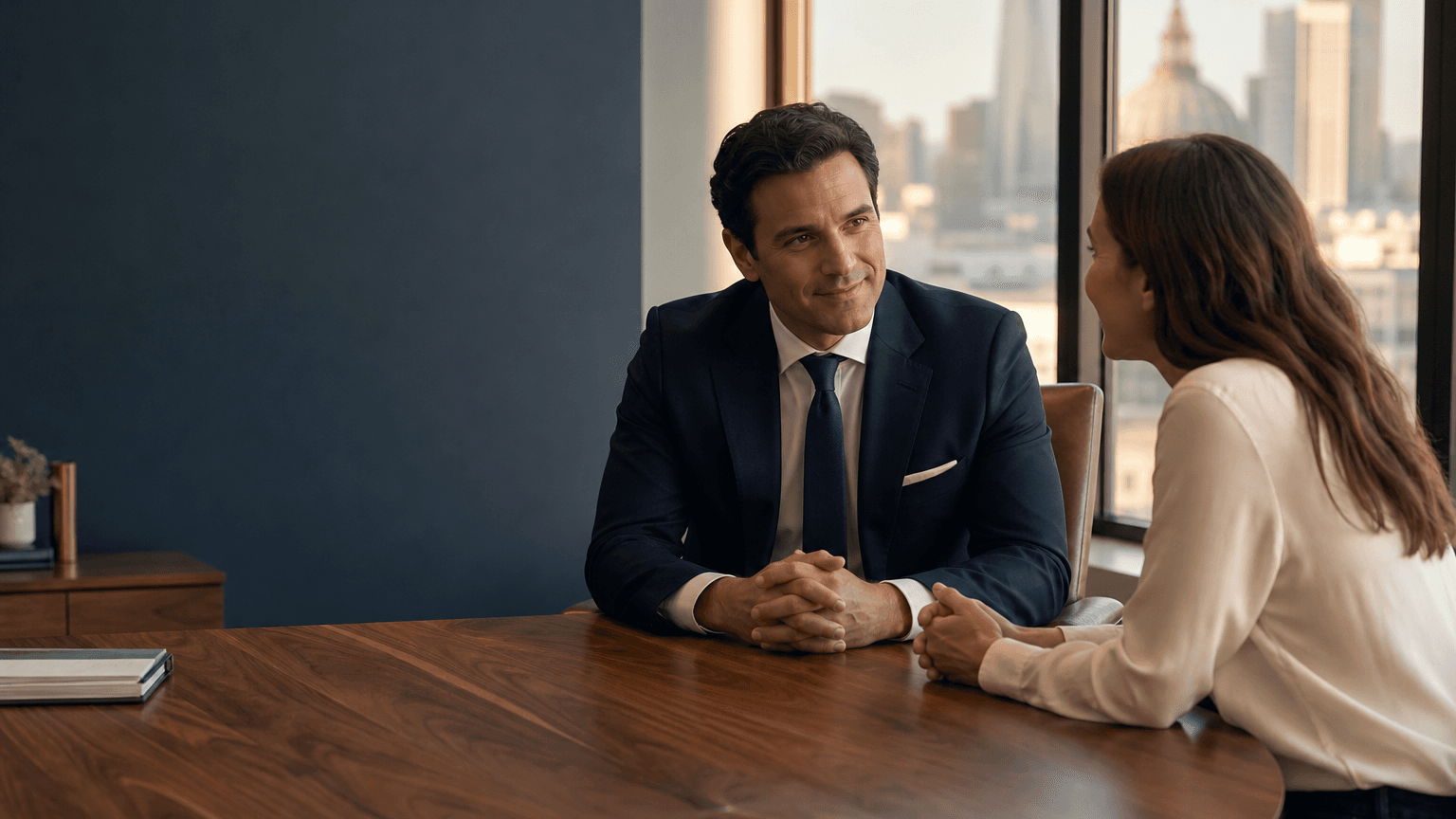 An attorney listening closely to a client across a sunlit table in a San Francisco office